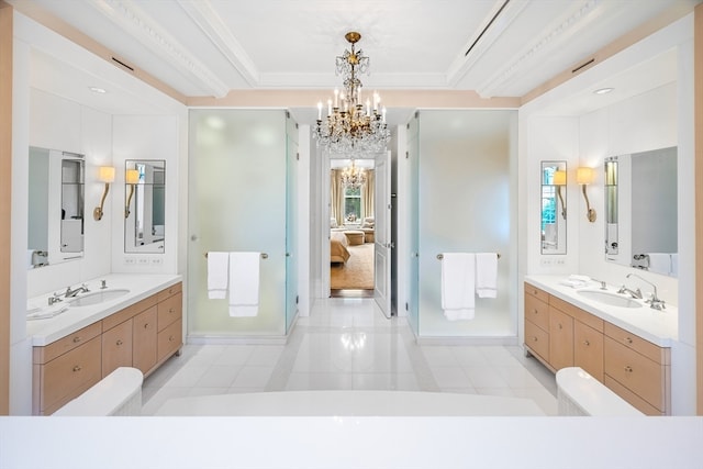 bathroom with tile patterned flooring, a chandelier, walk in shower, and vanity