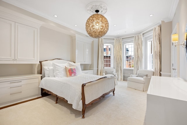 carpeted bedroom featuring ornamental molding and a chandelier