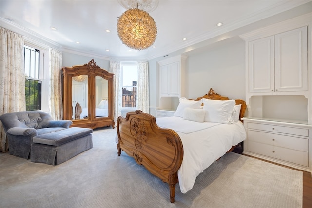 carpeted bedroom with an inviting chandelier and crown molding