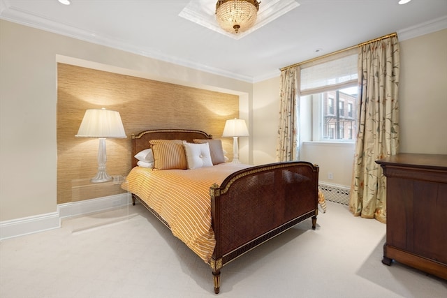 carpeted bedroom featuring ornamental molding and a baseboard heating unit