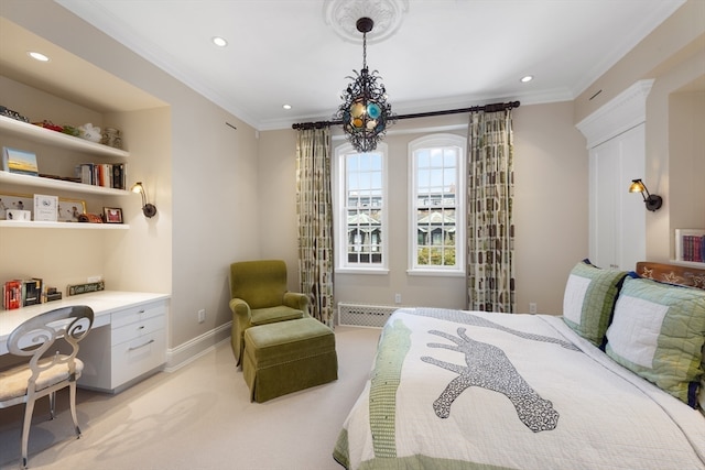 bedroom featuring ornamental molding and light carpet