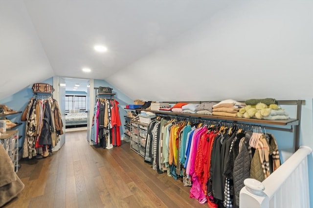 spacious closet with wood-type flooring and vaulted ceiling