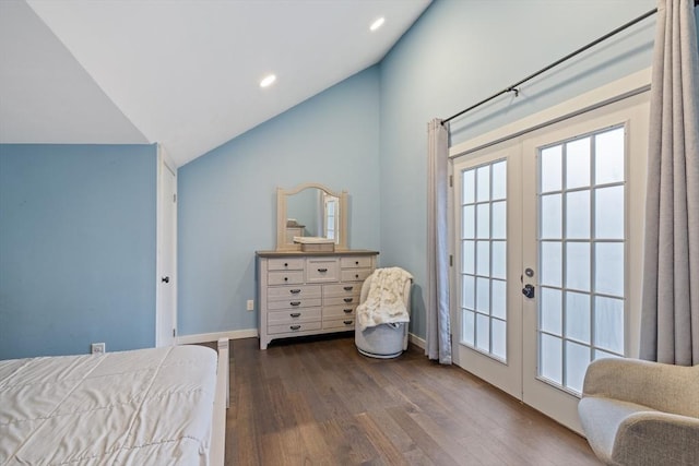 entryway featuring baseboards, dark wood finished floors, vaulted ceiling, recessed lighting, and french doors