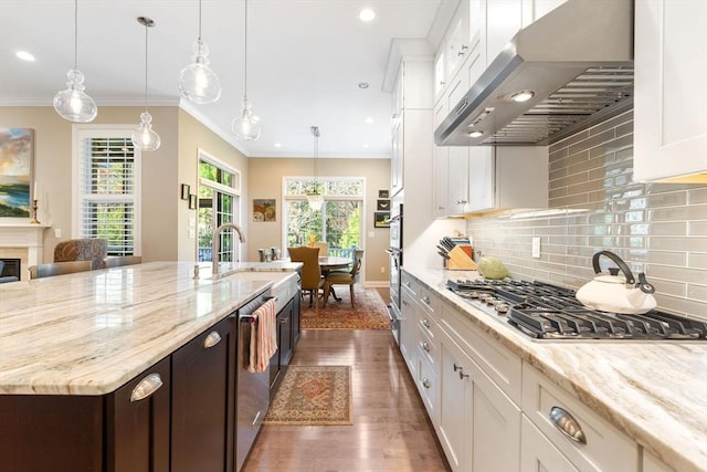 kitchen featuring appliances with stainless steel finishes, a sink, extractor fan, white cabinetry, and dark wood-type flooring