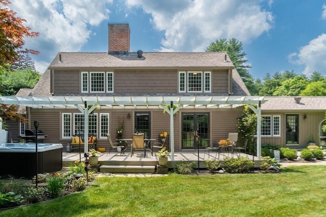 188 Main St, Wilbraham, MA 01095 - back of house with a hot tub, a pergola, a chimney, a deck, and french doors