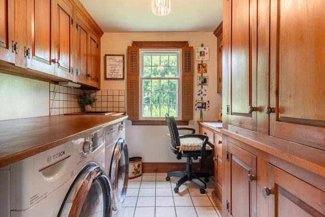 188 Main St, Wilbraham, MA 01095 - laundry area with cabinet space, independent washer and dryer, light tile patterned floors, and a desk