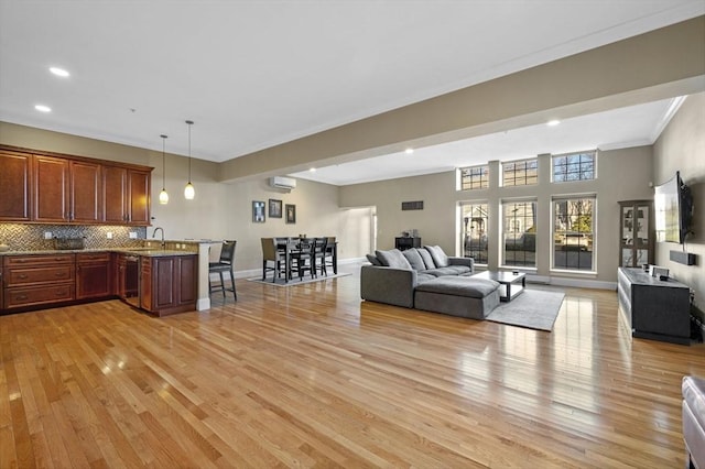 living room with ornamental molding, sink, a wall mounted AC, and light hardwood / wood-style flooring