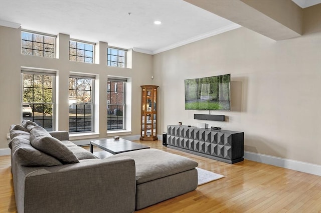 living room with light wood-type flooring and ornamental molding