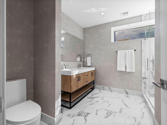 full bath with marble finish floor, double vanity, visible vents, toilet, and a shower stall