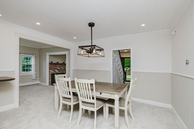 9 Mount Hope St, North Attleboro, MA 02760 - dining room with baseboard heating, light carpet, ornamental molding, a chandelier, and recessed lighting