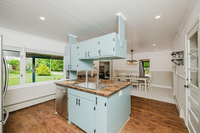 9 Mount Hope St, North Attleboro, MA 02760 - kitchen featuring a sink, stainless steel dishwasher, recessed lighting, wood counters, and a baseboard heating unit