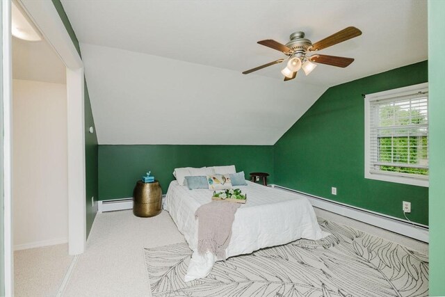 9 Mount Hope St, North Attleboro, MA 02760 - carpeted bedroom featuring a baseboard radiator, vaulted ceiling, baseboards, and a ceiling fan