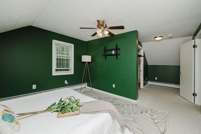 9 Mount Hope St, North Attleboro, MA 02760 - bedroom with a baseboard radiator, lofted ceiling, baseboards, carpet flooring, and a ceiling fan