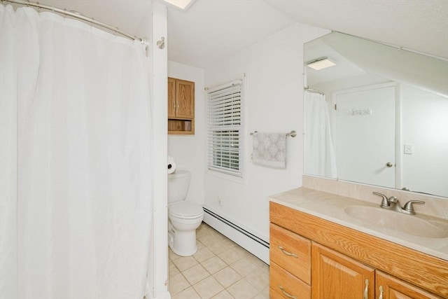 9 Mount Hope St, North Attleboro, MA 02760 - bathroom with a baseboard heating unit, vanity, toilet, tile patterned floors, and a shower with shower curtain
