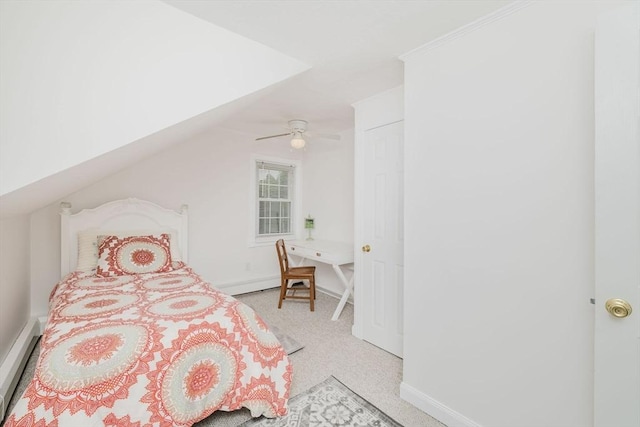 9 Mount Hope St, North Attleboro, MA 02760 - bedroom with a baseboard radiator, light colored carpet, baseboards, vaulted ceiling, and a ceiling fan