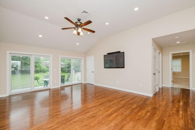 9 Mount Hope St, North Attleboro, MA 02760 - unfurnished living room with light wood finished floors, vaulted ceiling, ceiling fan, recessed lighting, and baseboards