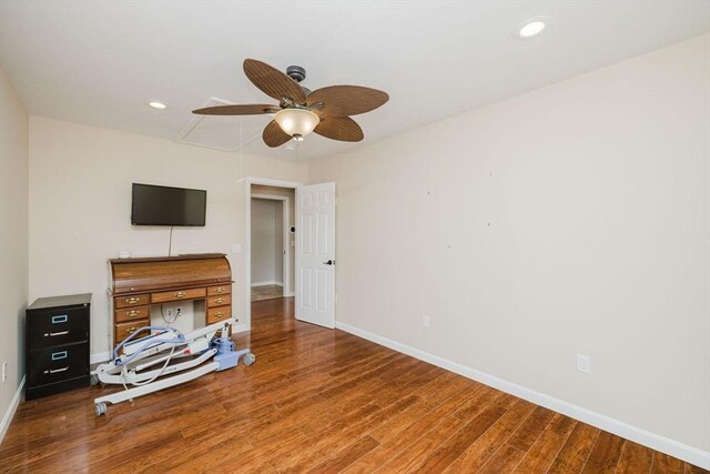 9 Mount Hope St, North Attleboro, MA 02760 - bedroom featuring attic access, baseboards, wood finished floors, recessed lighting, and ceiling fan