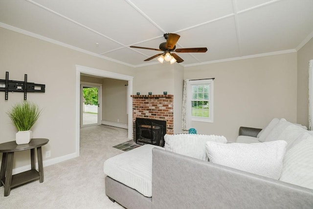 9 Mount Hope St, North Attleboro, MA 02760 - living area with ceiling fan, light carpet, ornamental molding, a brick fireplace, and baseboards