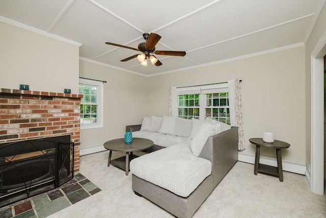 9 Mount Hope St, North Attleboro, MA 02760 - carpeted living room featuring a ceiling fan, a baseboard heating unit, healthy amount of natural light, crown molding, and baseboards