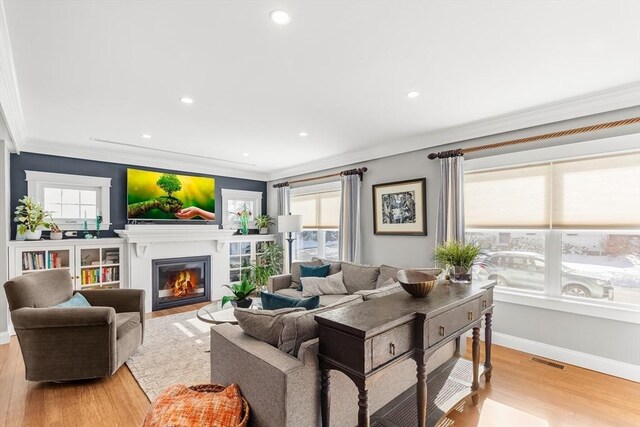 living room featuring crown molding and light wood-type flooring