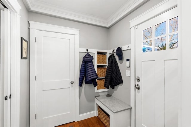 mudroom with ornamental molding and wood-type flooring