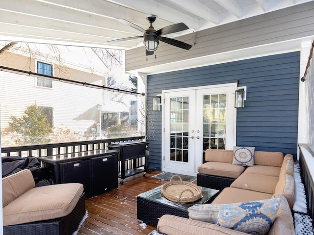 exterior space featuring french doors, ceiling fan, and an outdoor living space