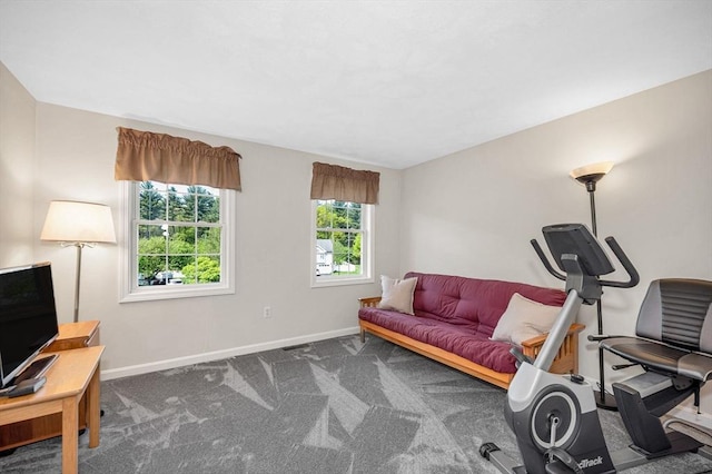 workout area with baseboards and carpet