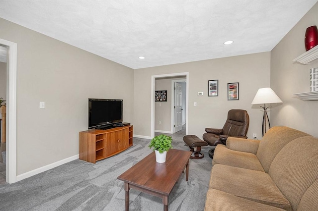 living area with baseboards, recessed lighting, and carpet floors