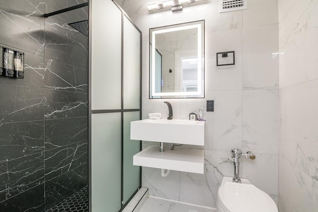 140 Chestnut St Unit 606, Springfield, MA 01103 - full bath with marble finish floors, a stall shower, tile walls, toilet, and a sink