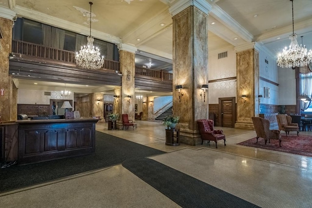 140 Chestnut St Unit 606, Springfield, MA 01103 - building lobby featuring ornamental molding, stairs, and a towering ceiling