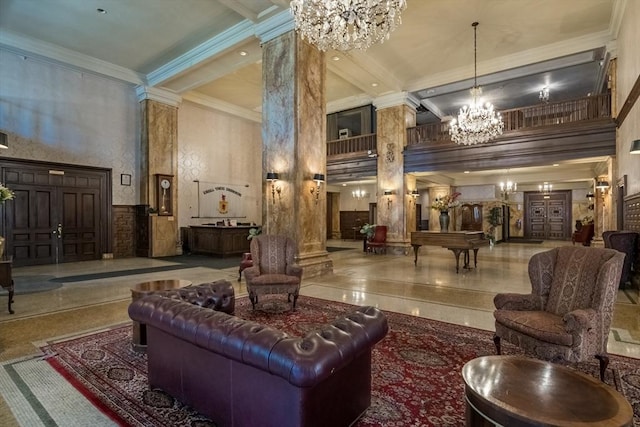 140 Chestnut St Unit 606, Springfield, MA 01103 - lobby with crown molding, a towering ceiling, and beam ceiling