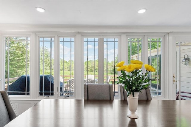 196 Elm St, Concord, MA 01742 - entryway featuring ornamental molding and recessed lighting