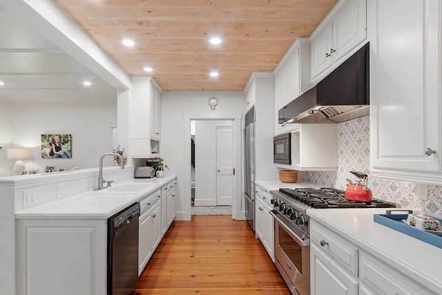 196 Elm St, Concord, MA 01742 - kitchen featuring black appliances, under cabinet range hood, light wood finished floors, wooden ceiling, and recessed lighting