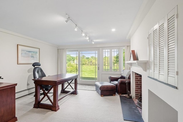 196 Elm St, Concord, MA 01742 - office space with a baseboard heating unit, a fireplace, light carpet, and track lighting