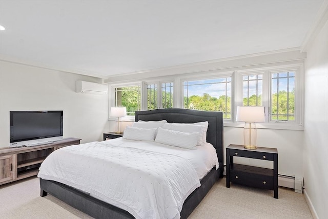196 Elm St, Concord, MA 01742 - bedroom featuring an AC wall unit, light carpet, ornamental molding, and a baseboard radiator