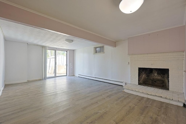 unfurnished living room featuring a baseboard radiator, light wood finished floors, a brick fireplace, and baseboards