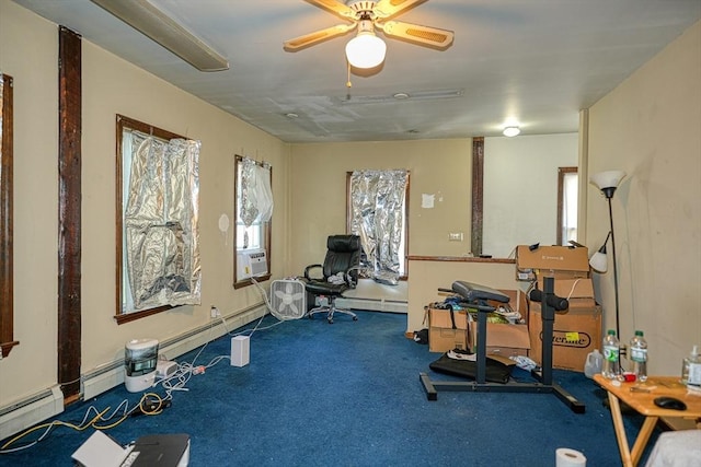 exercise room featuring carpet flooring, ceiling fan, cooling unit, and a baseboard radiator