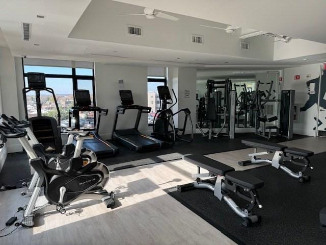 gym featuring visible vents, a ceiling fan, and wood finished floors