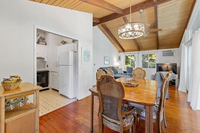 dining area with vaulted ceiling with beams, ceiling fan, wood ceiling, light wood finished floors, and a wall mounted air conditioner