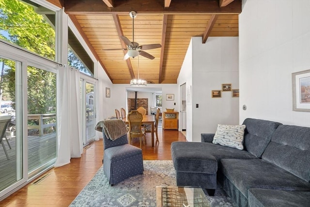 living area with wooden ceiling, visible vents, beamed ceiling, and wood finished floors