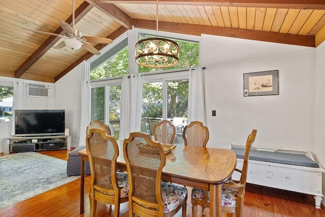 dining area featuring lofted ceiling with beams, wooden ceiling, ceiling fan with notable chandelier, wood finished floors, and an AC wall unit