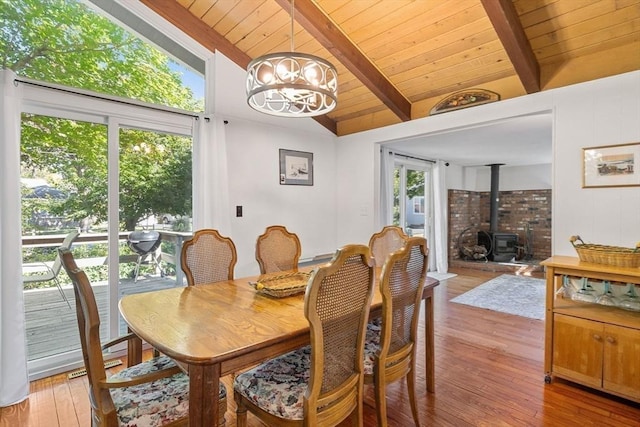 dining room with a notable chandelier, lofted ceiling with beams, light wood-style floors, a wood stove, and wooden ceiling