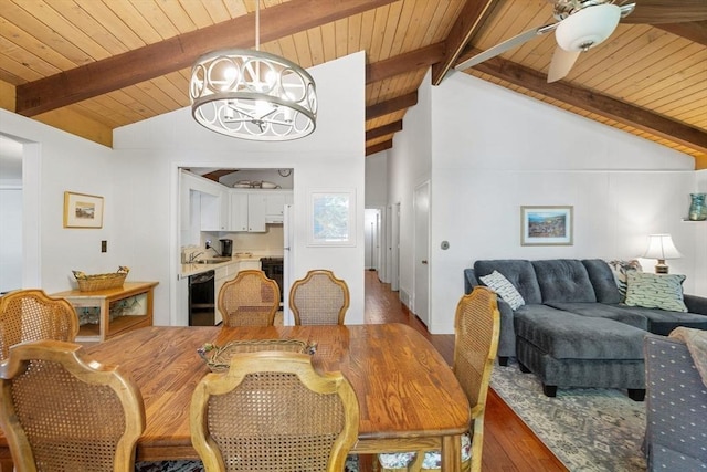 dining area with vaulted ceiling with beams, wood ceiling, wood finished floors, and ceiling fan with notable chandelier