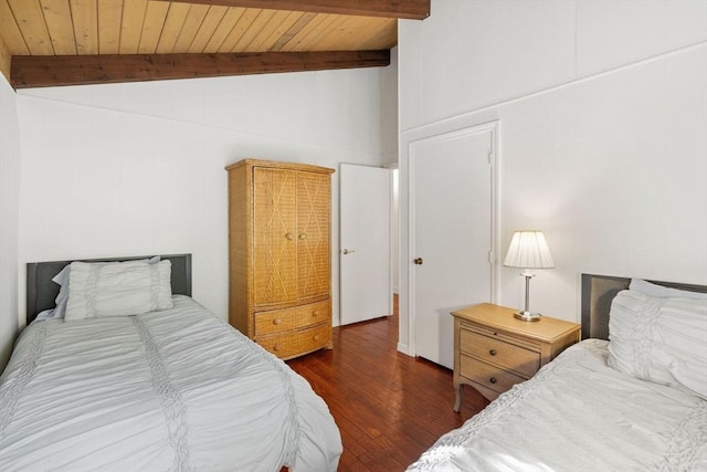 bedroom with lofted ceiling with beams, wood ceiling, and wood finished floors