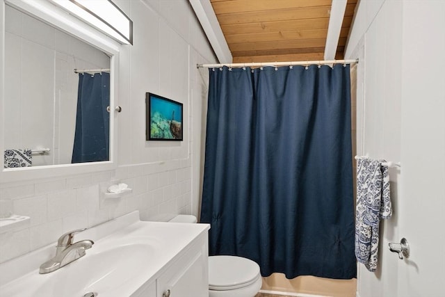 full bathroom featuring curtained shower, toilet, vanity, wood ceiling, and tile walls