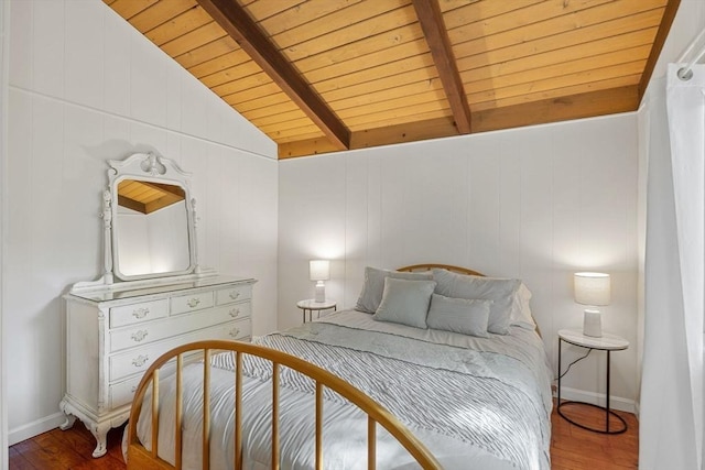 bedroom featuring vaulted ceiling with beams, wooden ceiling, baseboards, and wood finished floors