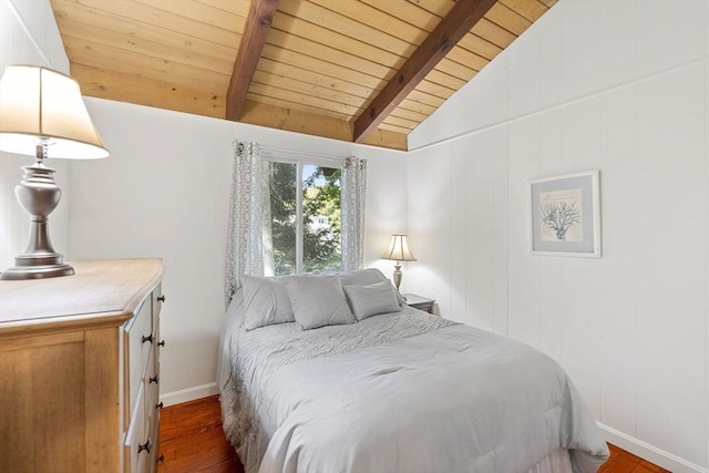 bedroom with lofted ceiling with beams, wooden ceiling, wood finished floors, and baseboards