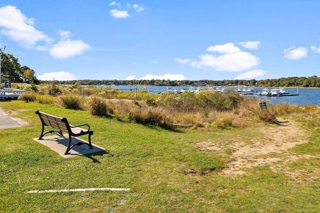 view of home's community featuring a lawn and a water view