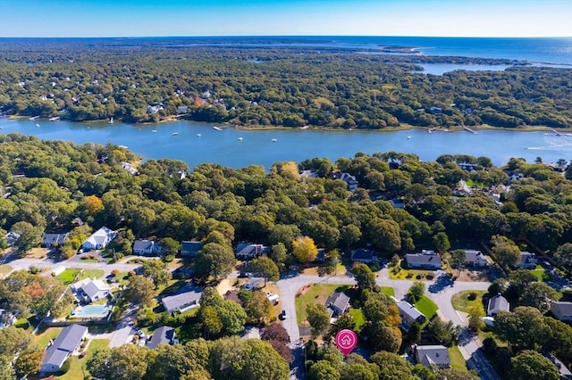 aerial view with a water view and a view of trees