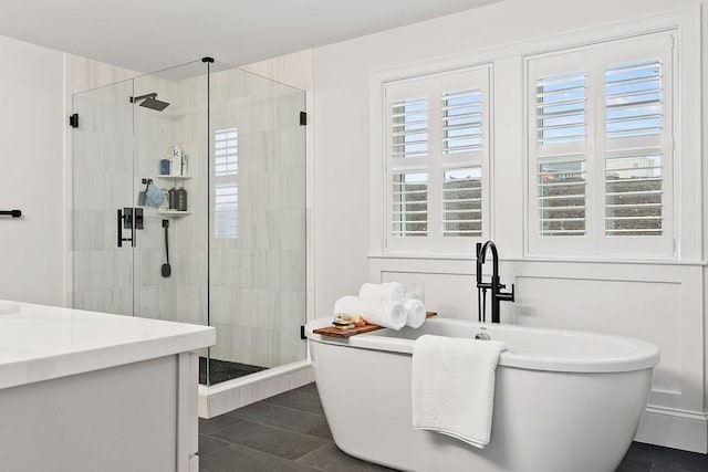 170 Lafayette Ave, Wrentham, MA 02093 - full bathroom featuring a stall shower, a freestanding bath, and vanity